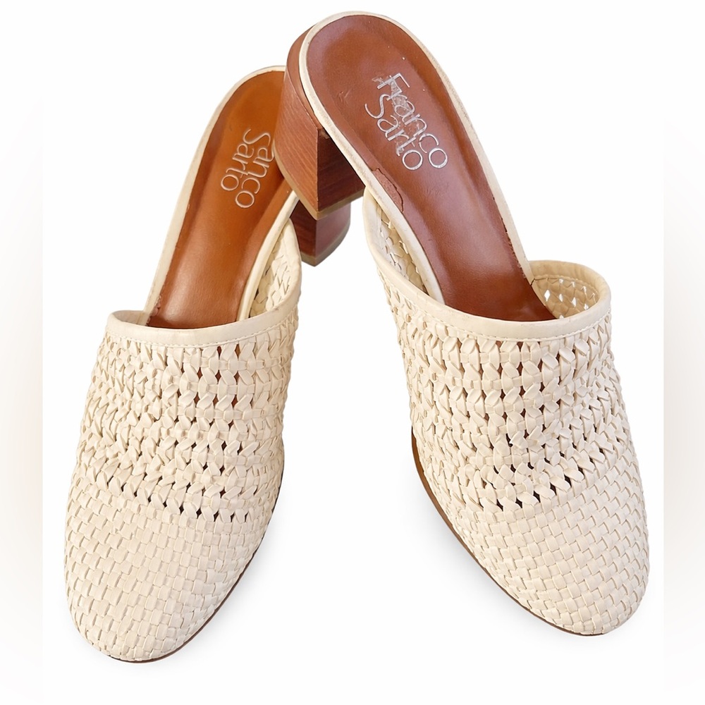 Franco Sarto Cream Woven Leather Mule Heels Boho Chic Block Heel